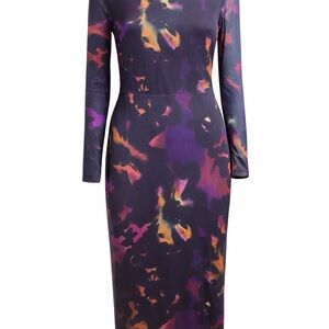 Abstract-Print Long Sleeve Midi Dress in Purple and Orange